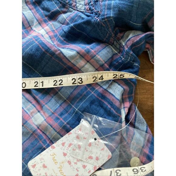 Free People Seeking Starlight Top Sz M NWT Blue Plaid Cotton Raw Hem grunge - Picture 8 of 10